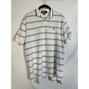 Polo by Ralph Lauren 2 Button Polo Shirt White & Blue Stripe Large Cotton USA